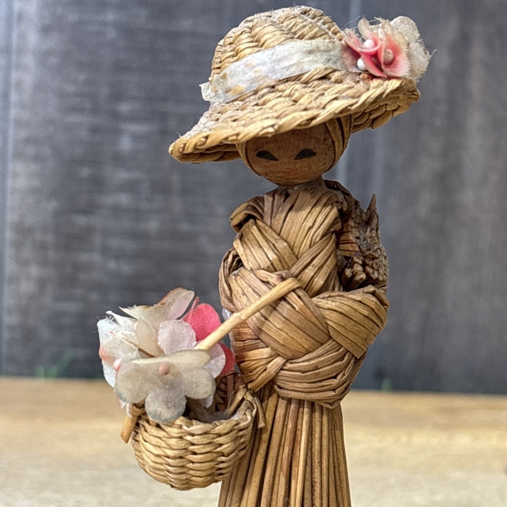 Vintage 1960s 70s Korean Hand Woven Straw Doll Woman Flower Basket Folk Art